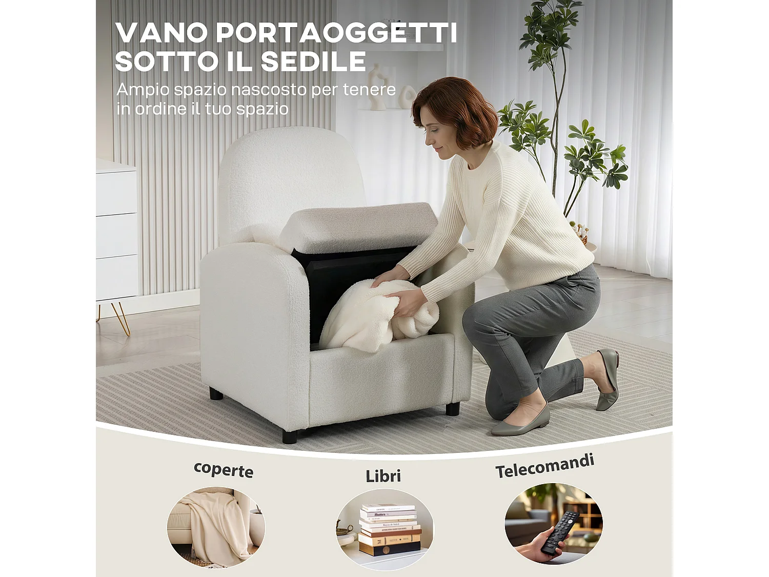 Poltrona moderna con spazio contenitore nascosto e cuscino crema