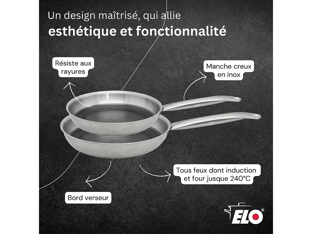 Lot de 2 poêles Elo Relief Solution 24 cm et 28 cm en inox sans PFAS