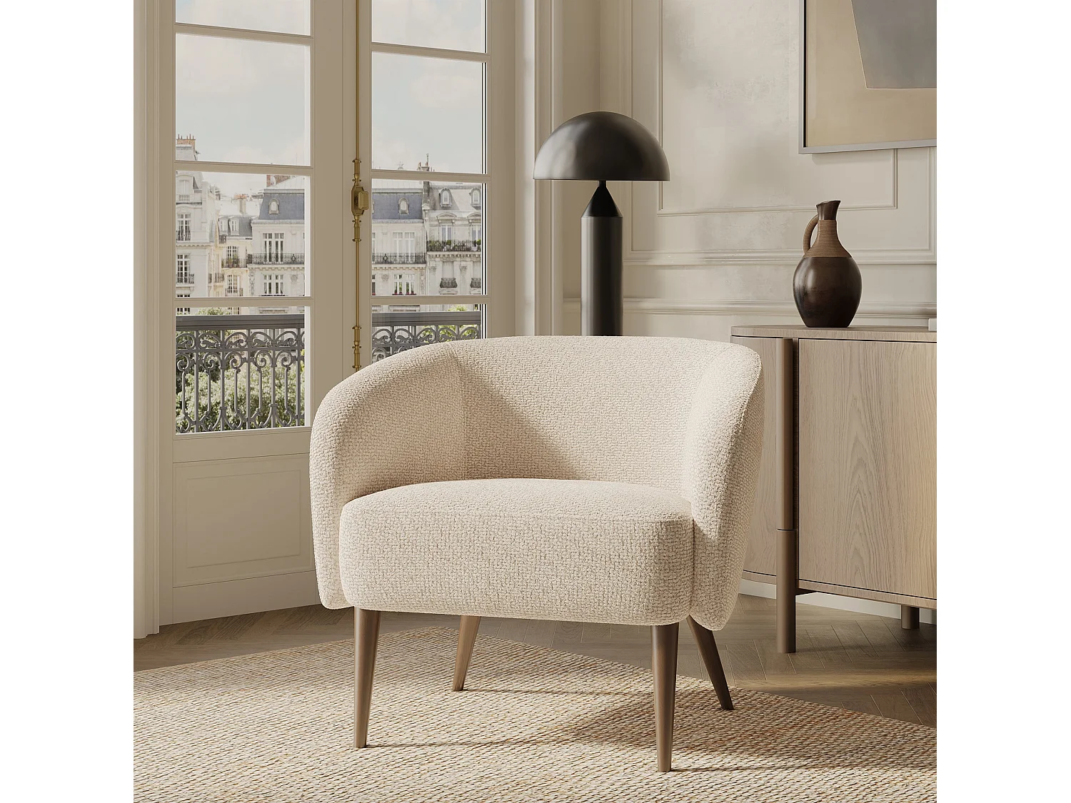Fauteuil MILO en velours bouclé crème 73.5x67.5cm