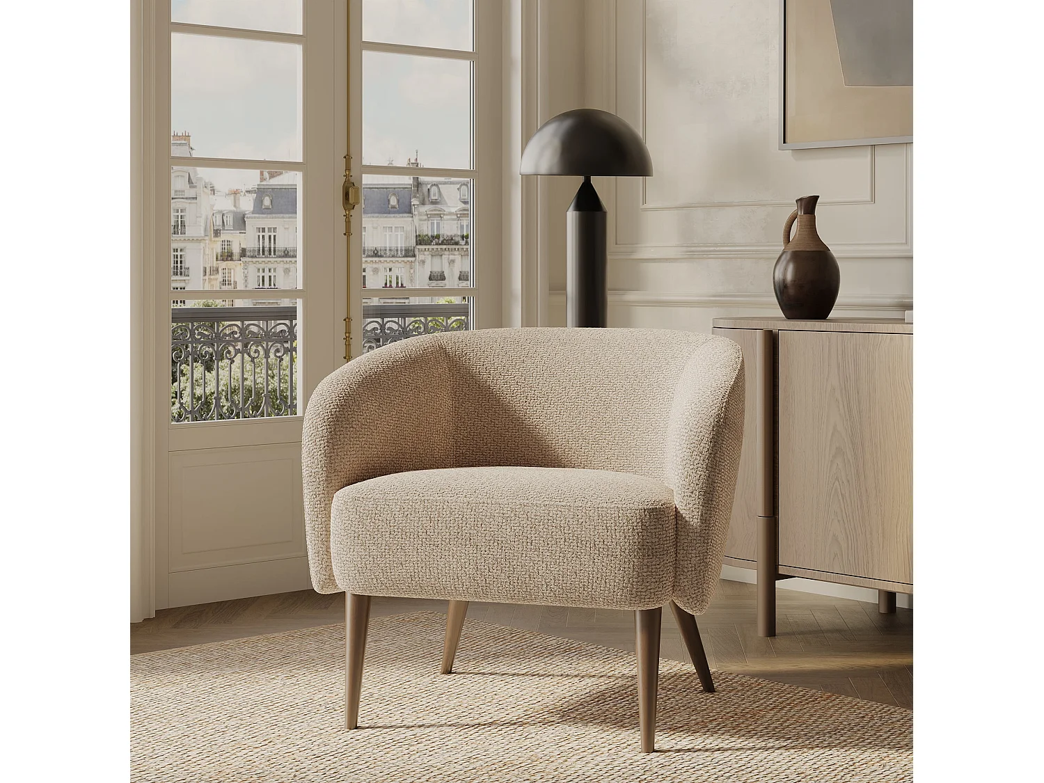 Fauteuil MILO en velours bouclé beige 73.5x67.5cm