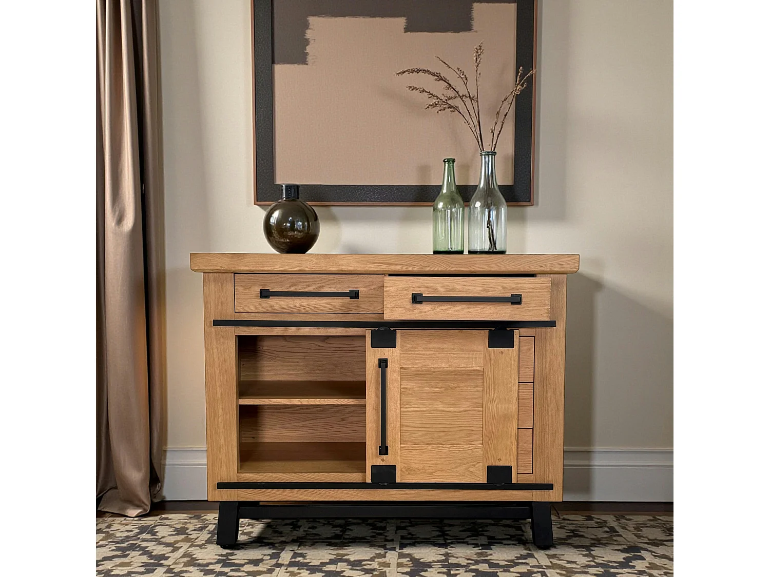 Buffet chêne clair 1 porte coulissante 5 tiroirs ALPINE