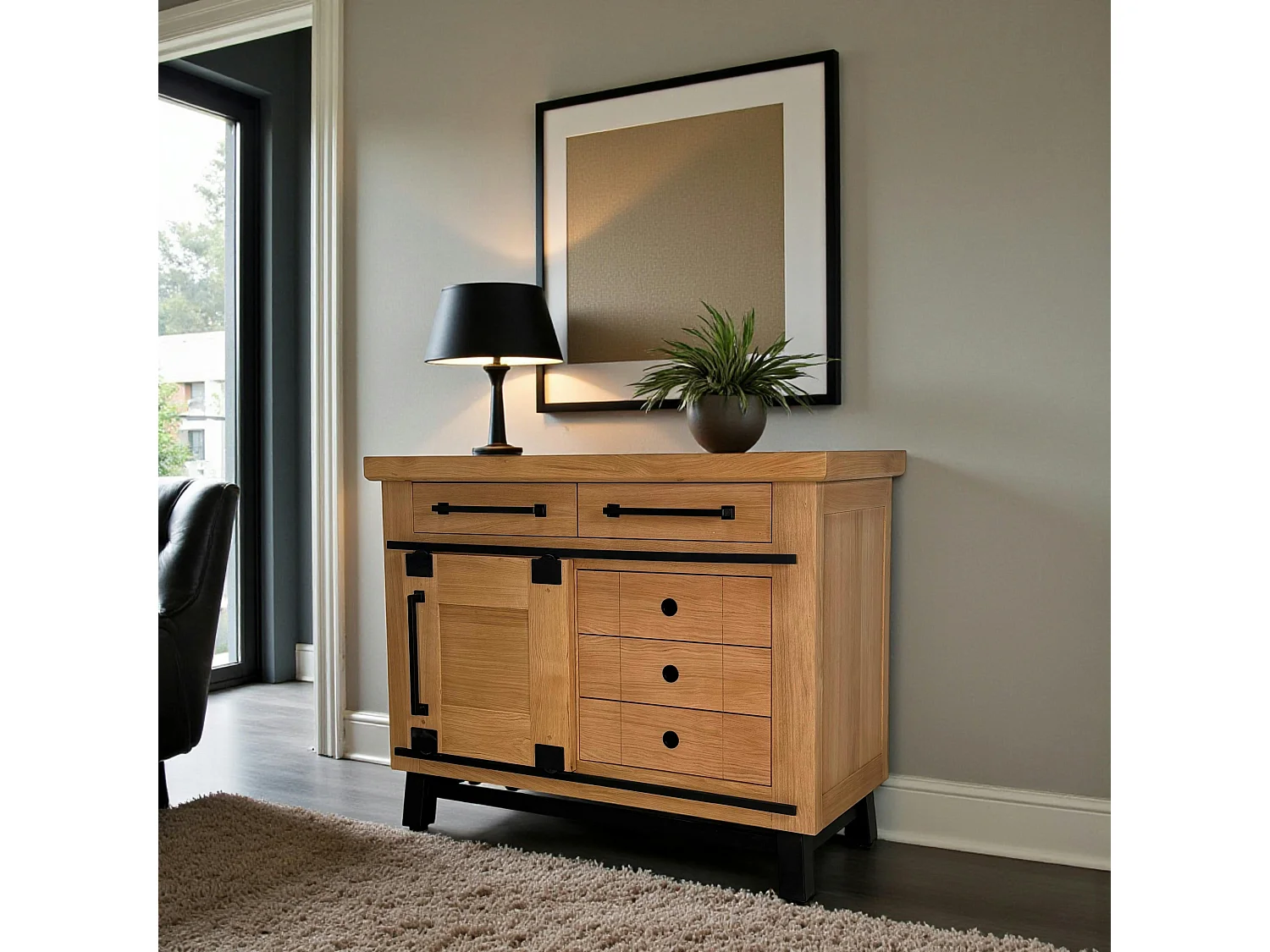 Buffet chêne clair 1 porte coulissante 5 tiroirs ALPINE