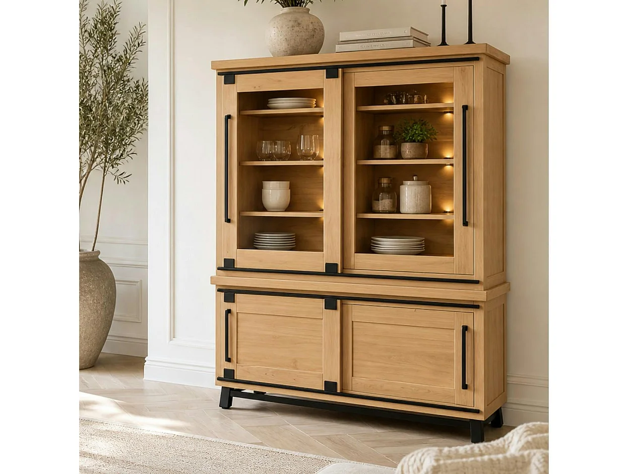 Vitrine chêne clair portes coulissantes et LED 185 cm ALPINE