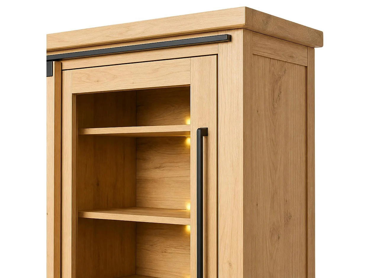 Vitrine chêne clair portes coulissantes et LED 185 cm ALPINE