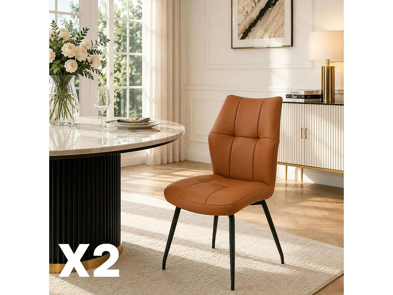 Chaise en cuir cognac design damier (lot de 2) LOMBARDIE