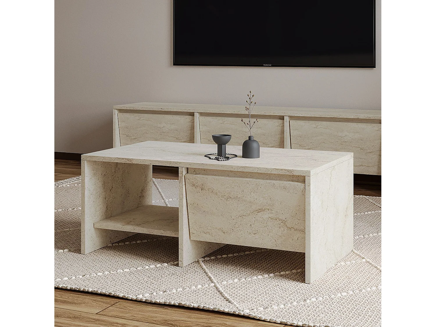 "Laris" Holz Couchtisch - Travertin Finish - Elegant und Langlebig - 90 x 45 x 35 cm