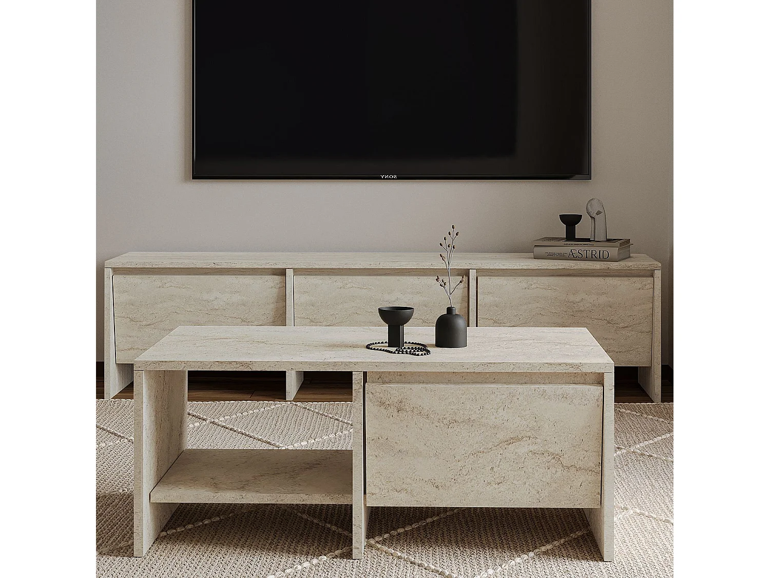 "Laris" Holz Couchtisch - Travertin Finish - Elegant und Langlebig - 90 x 45 x 35 cm