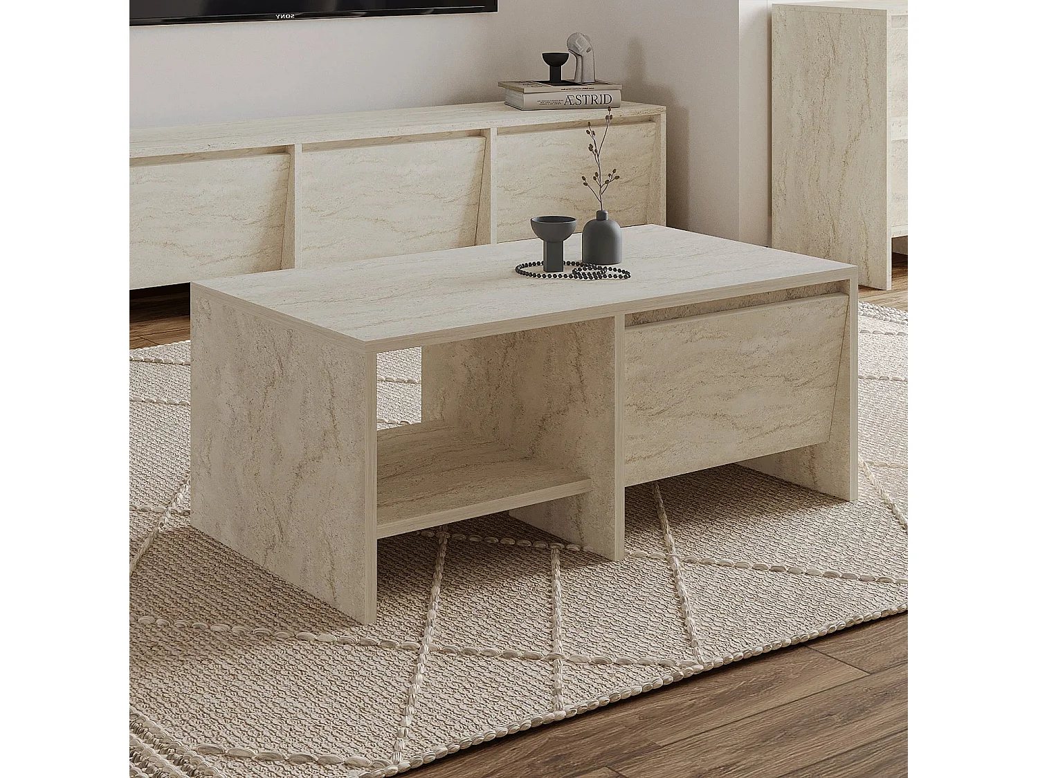 "Laris" Holz Couchtisch - Travertin Finish - Elegant und Langlebig - 90 x 45 x 35 cm