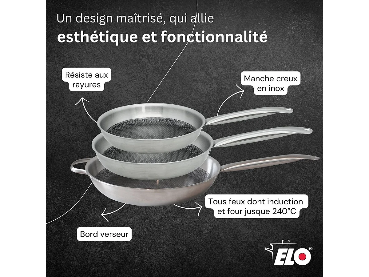 Lot de 3 Poêles Elo Relief Solutions 24, 28 et 32 cm sans PFAS