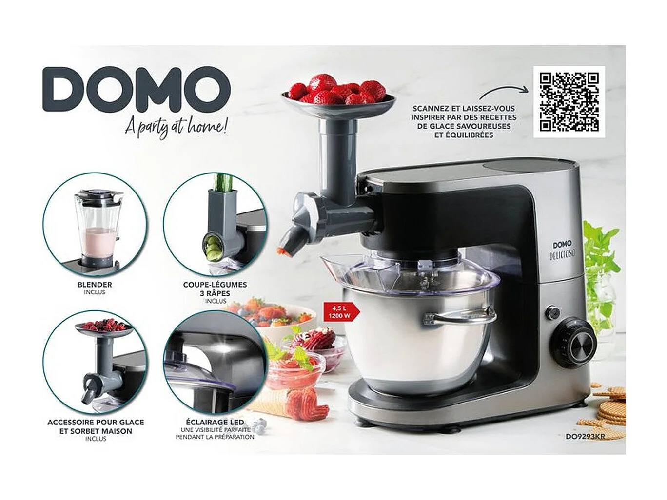 Robot pâtissier multifonction - DOMO - 1200 W - 4,5 L - 8 vitesses + Pulse - Gris / Noir