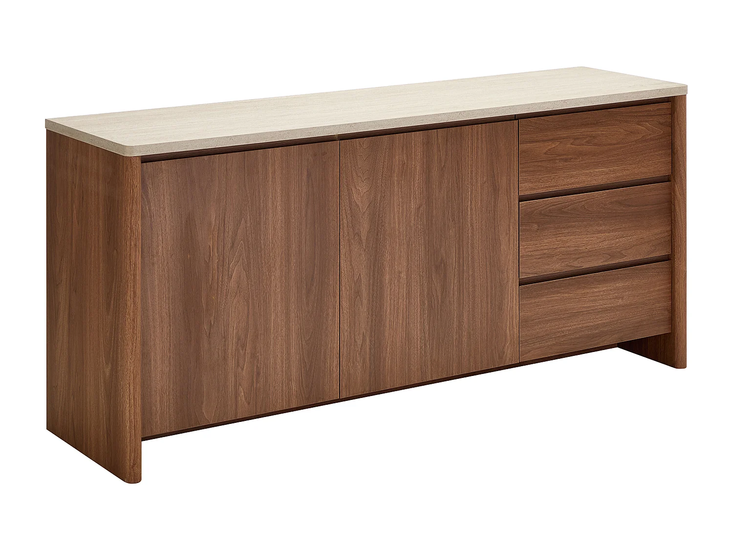 Buffet avec 2 portes et 3 tiroirs - Naturel foncé et effet travertin beige - MODARYO