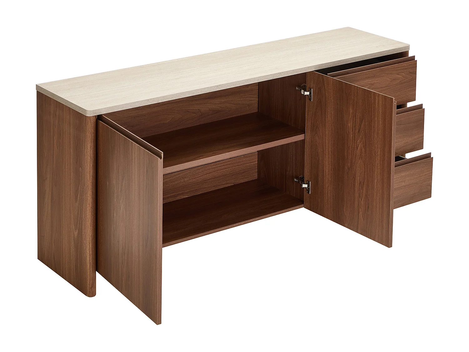 Buffet avec 2 portes et 3 tiroirs - Naturel foncé et effet travertin beige - MODARYO