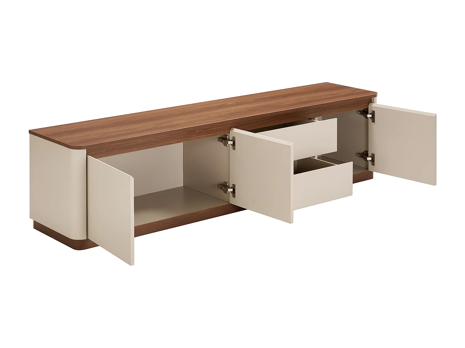 Meuble TV avec 3 portes et 2 tiroirs - Beige et naturel foncé - BANURYA