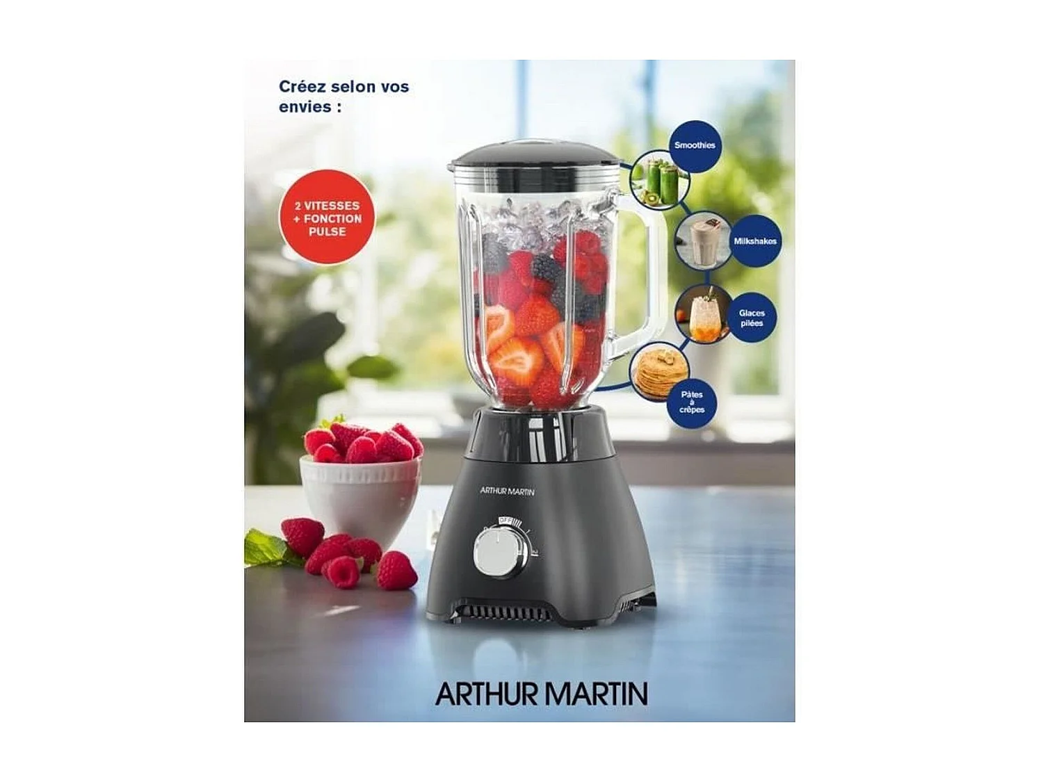 Blender en verre - ARTHUR MARTIN - AMPB40 - 1,5L - 400W - 2 vitesses + pulse