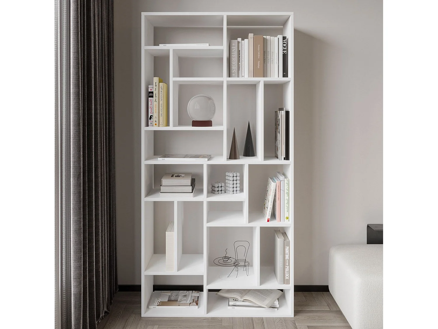 "Nicola" Weißes Holz-Bücherregal - 90 x 30 x 180 cm - Geräumige Regale, Wandmontage