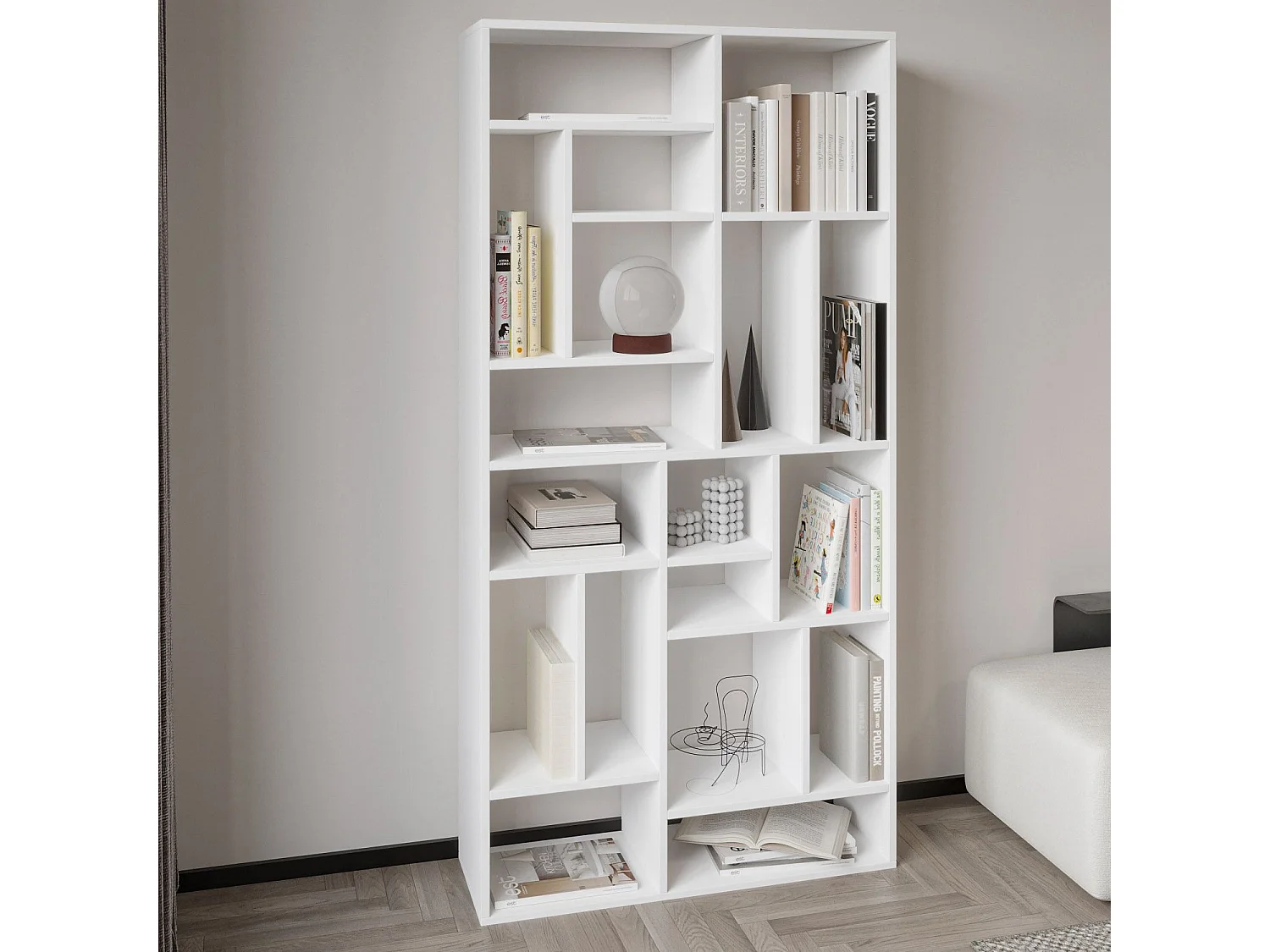 "Nicola" Weißes Holz-Bücherregal - 90 x 30 x 180 cm - Geräumige Regale, Wandmontage