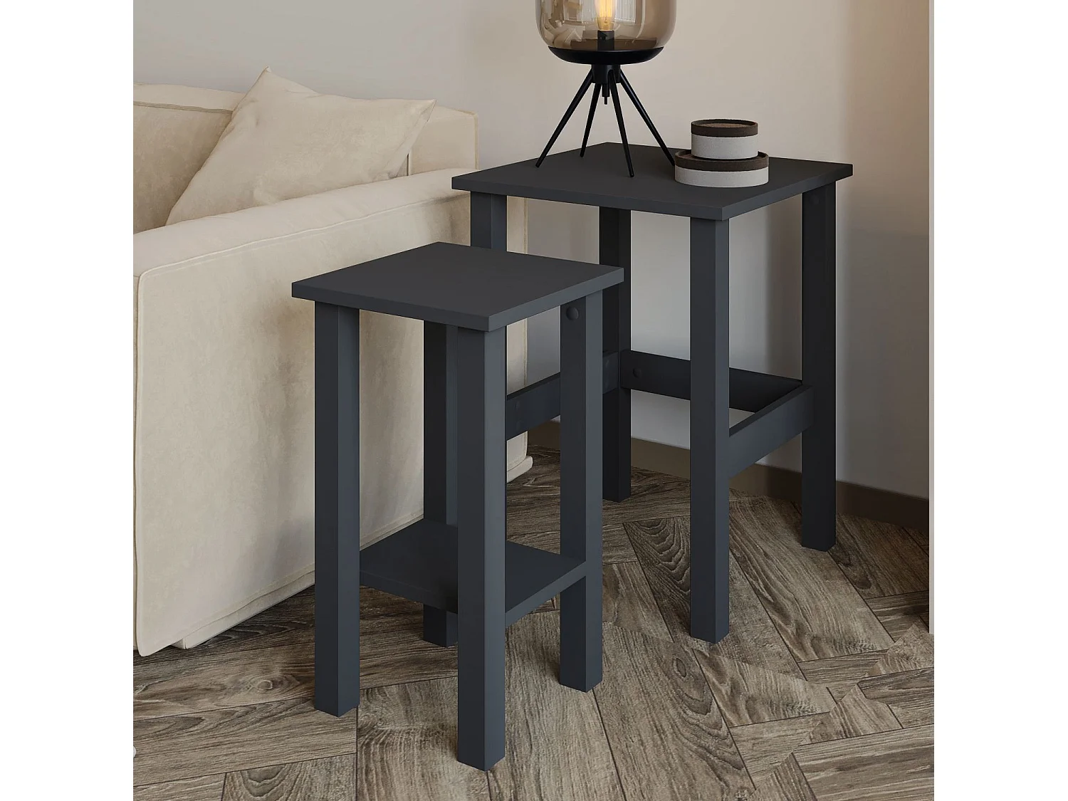Elegantes Set aus 2 Holzbeistelltischen "Gina 2" - Anthrazitgrau - 45 x 45 x 60 cm