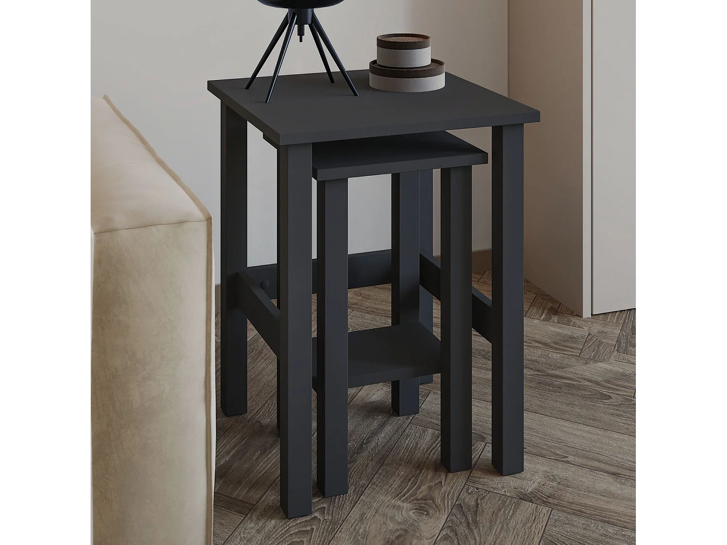 Elegantes Set aus 2 Holzbeistelltischen "Gina 2" - Anthrazitgrau - 45 x 45 x 60 cm