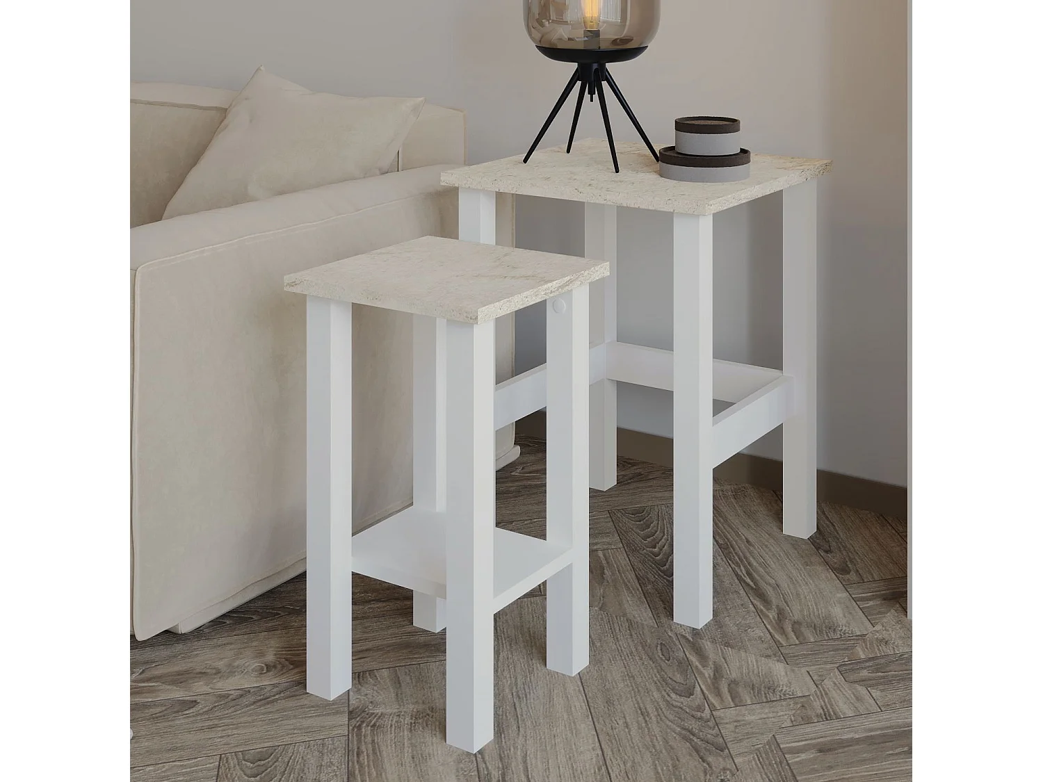 Elegantes Set aus 2 weißen Holz Beistelltischen "Gina 2" - 45 x 45 x 60 cm