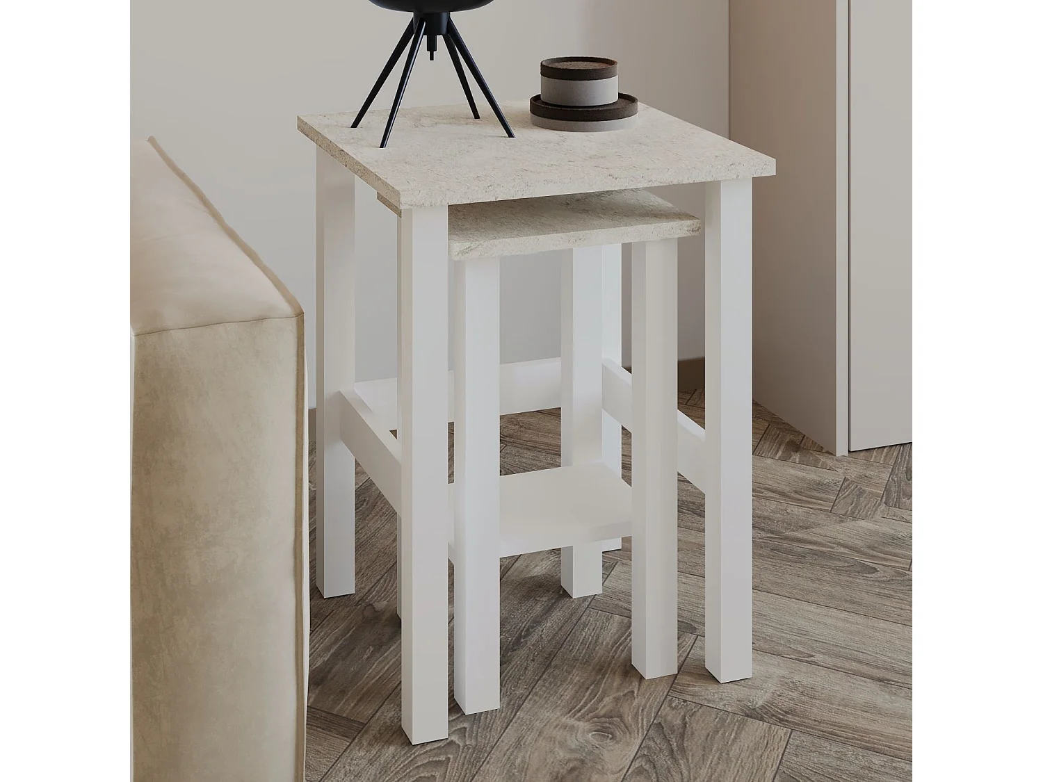Elegantes Set aus 2 weißen Holz Beistelltischen "Gina 2" - 45 x 45 x 60 cm