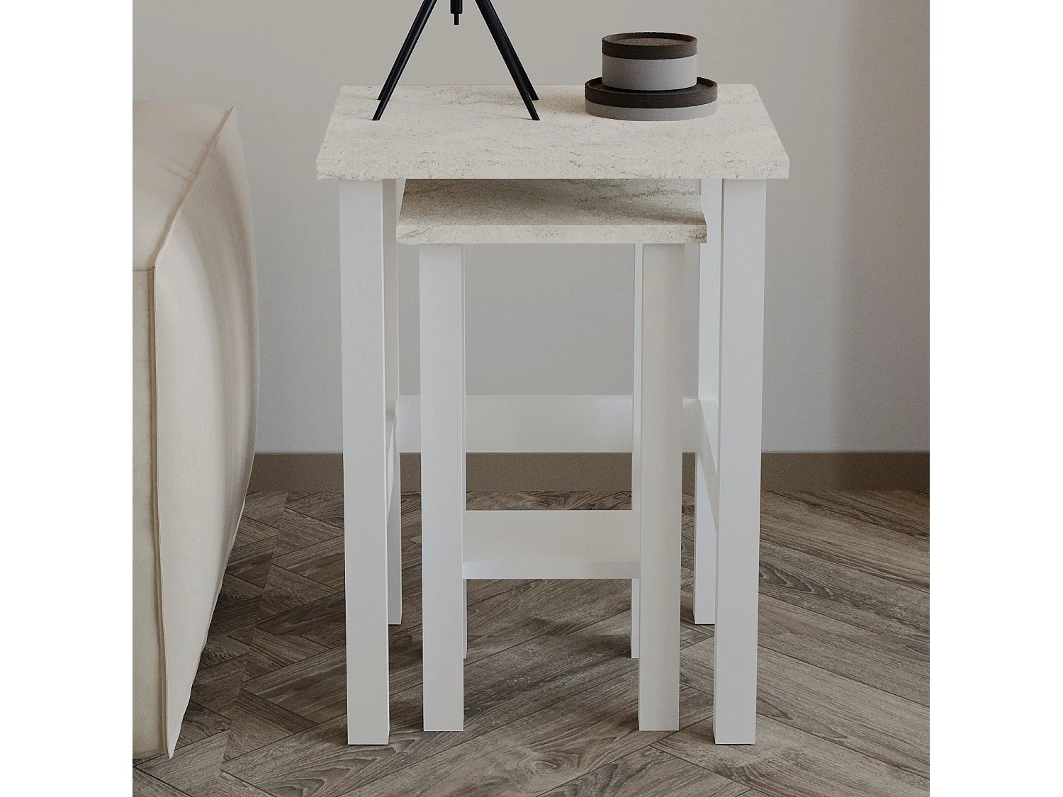 Elegantes Set aus 2 weißen Holz Beistelltischen "Gina 2" - 45 x 45 x 60 cm