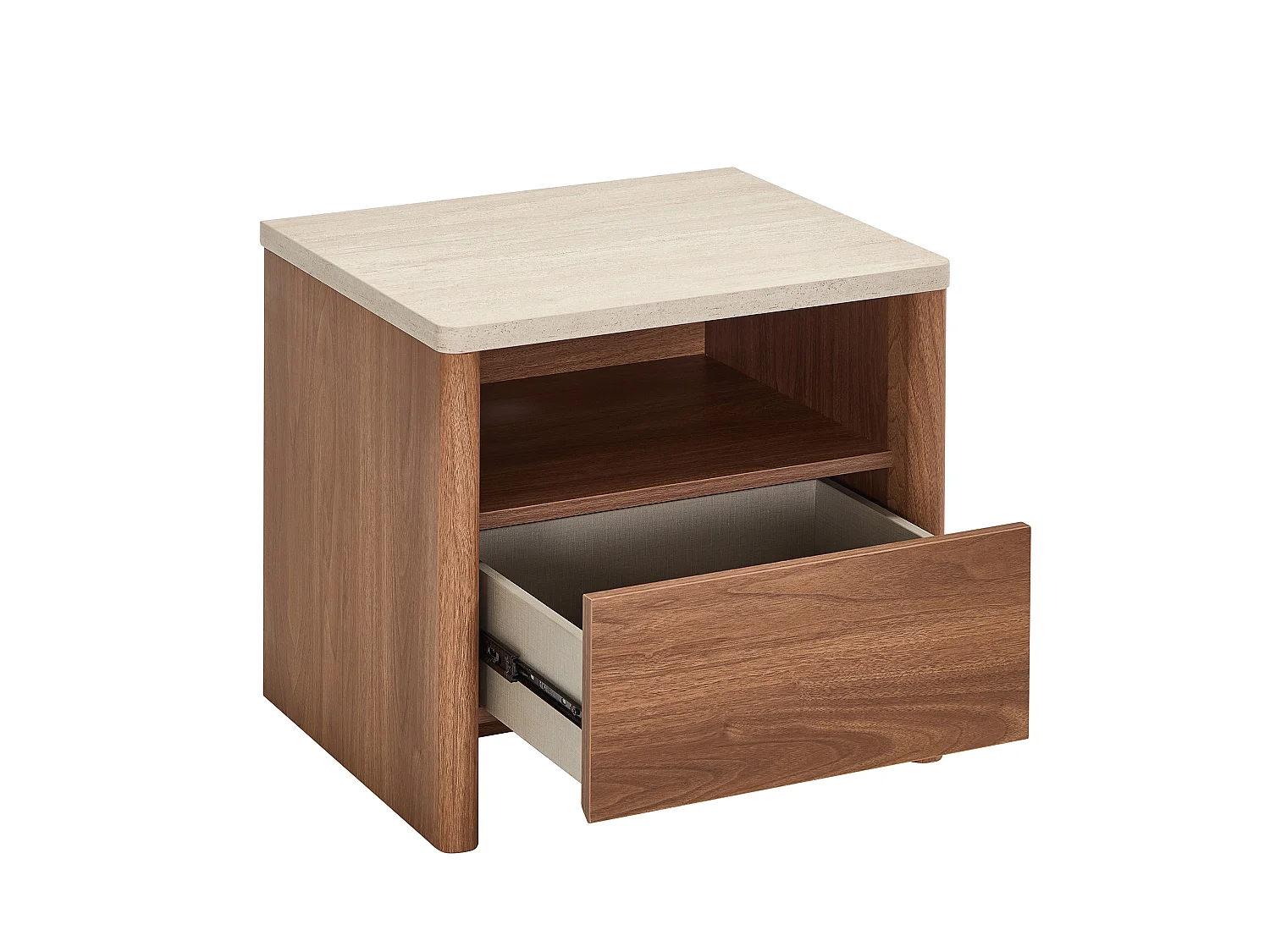 Table de chevet 1 tiroir et 1 niche - Naturel foncé et effet travertin beige - MODARYO