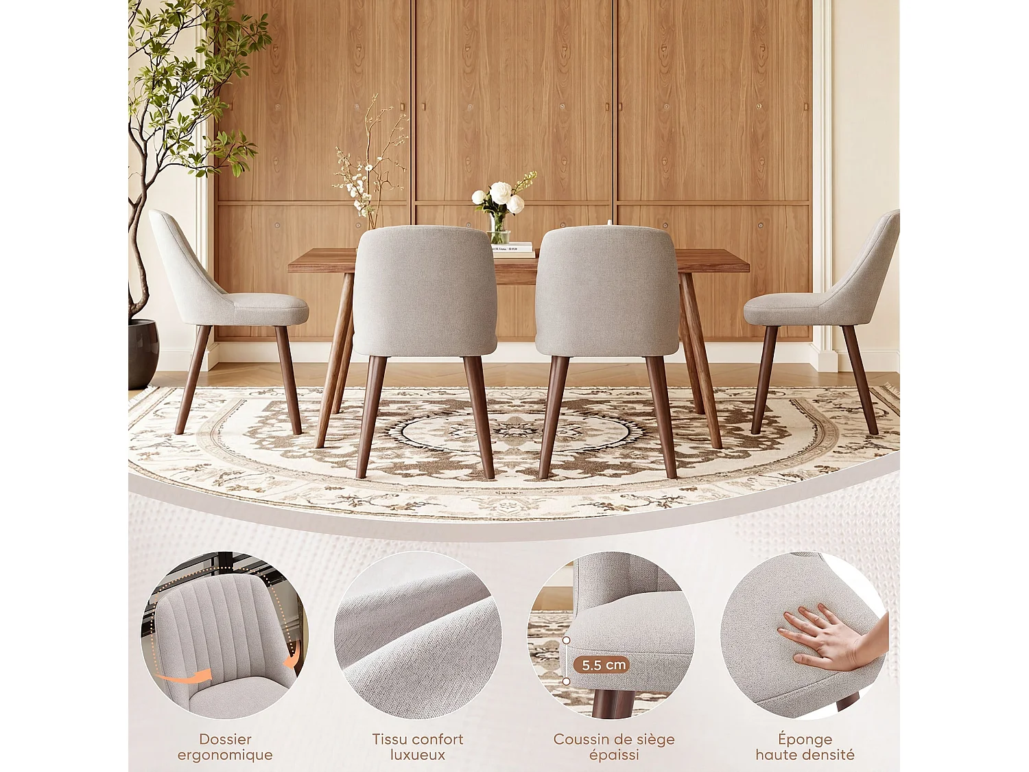 Lot de 2 chaises de salle à manger Camel SMARTUE, dossier coquillage, tissu doux, pieds bois massif