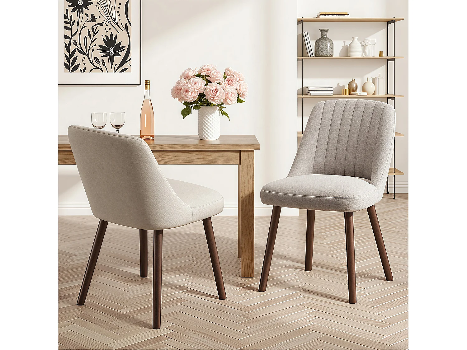 Lot de 2 chaises de salle à manger Camel SMARTUE, dossier coquillage, tissu doux, pieds bois massif