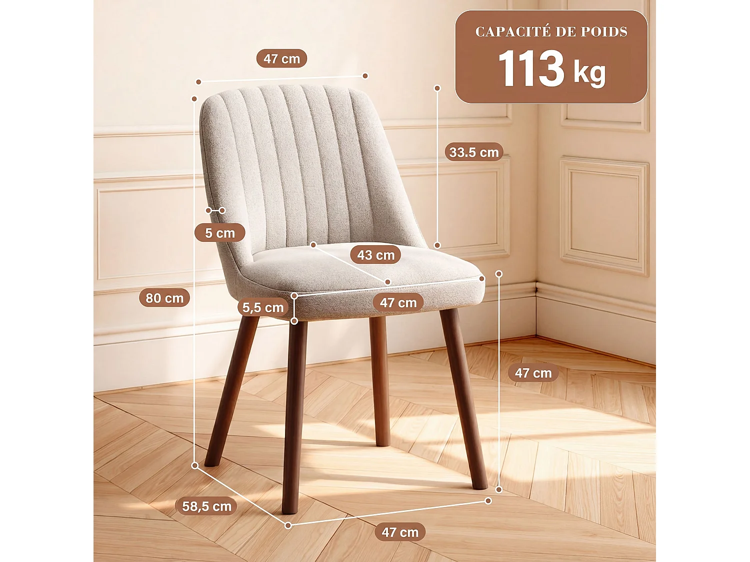 Lot de 2 chaises de salle à manger Camel SMARTUE, dossier coquillage, tissu doux, pieds bois massif