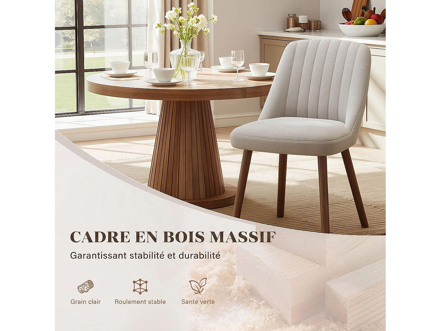 Lot de 2 chaises de salle à manger Camel SMARTUE, dossier coquillage, tissu doux, pieds bois massif