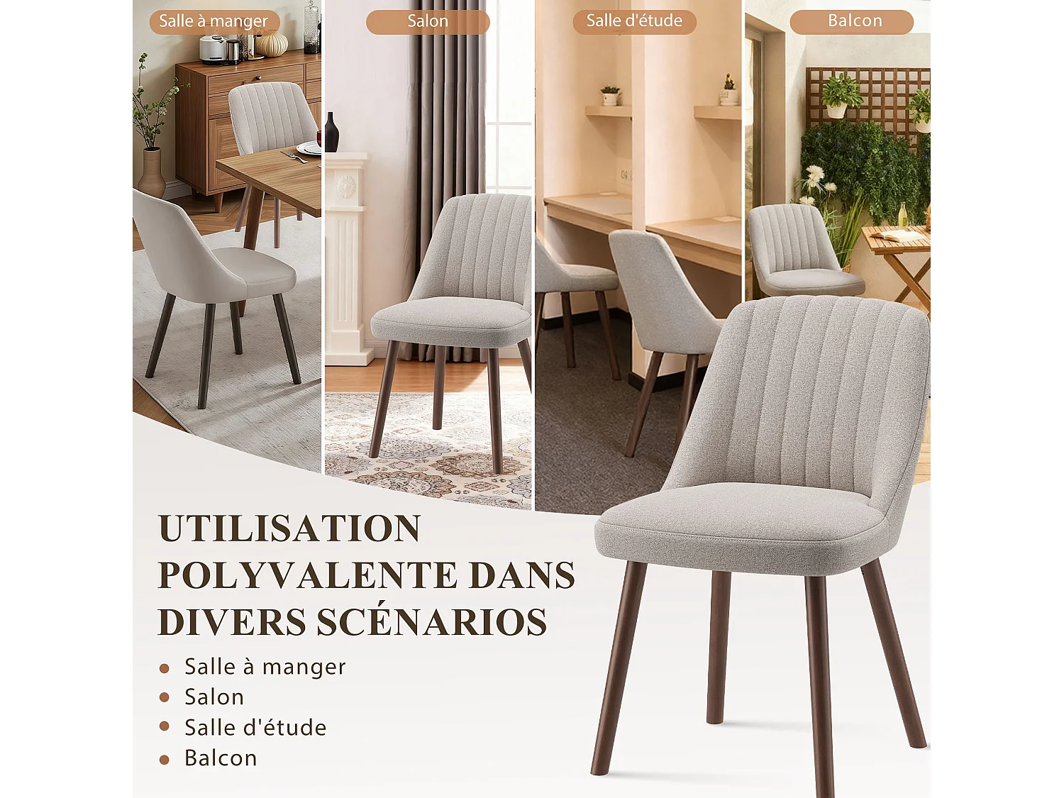 Lot de 2 chaises de salle à manger Camel SMARTUE, dossier coquillage, tissu doux, pieds bois massif