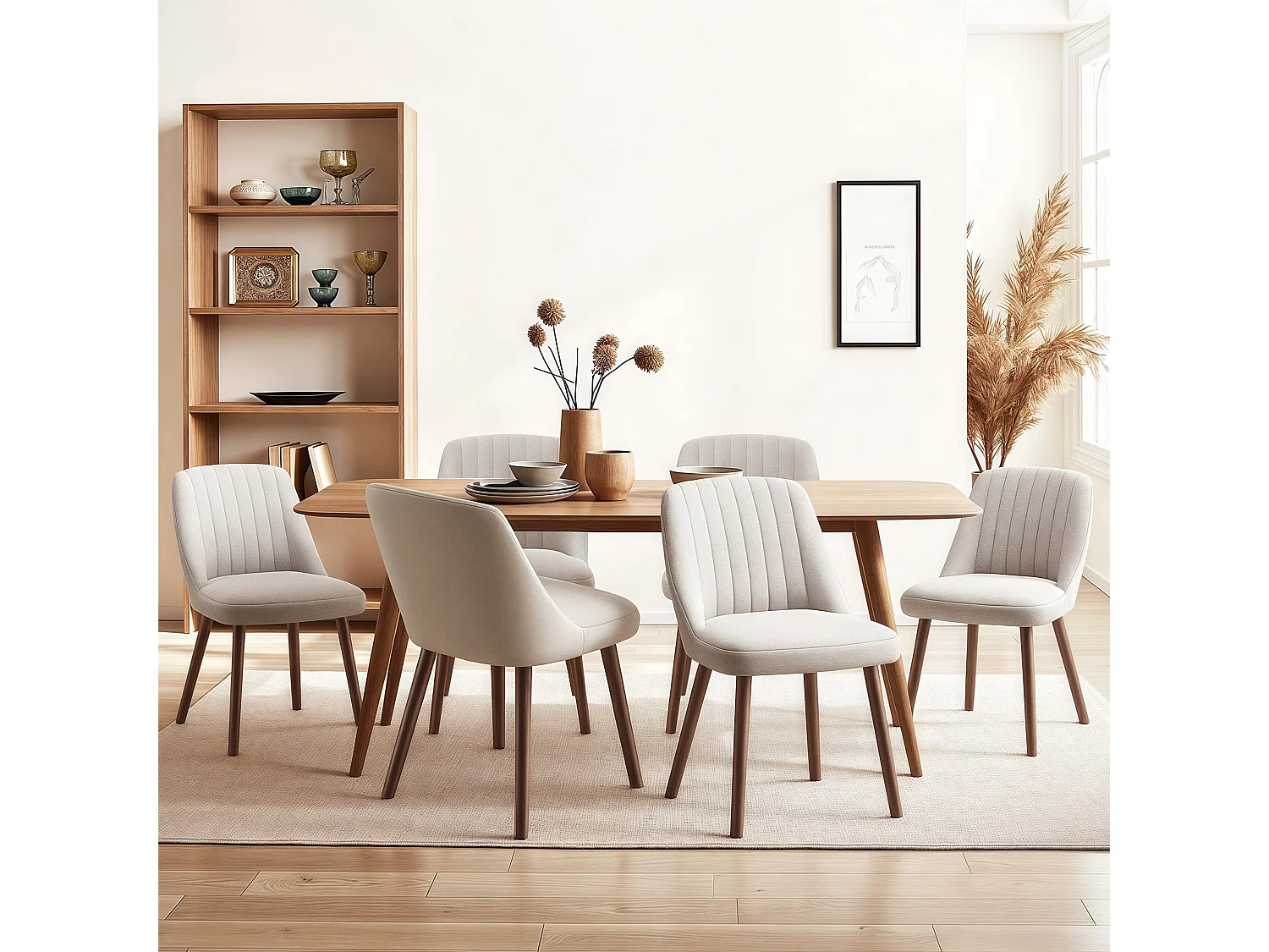 Lot de 2 chaises de salle à manger Camel SMARTUE, dossier coquillage, tissu doux, pieds bois massif
