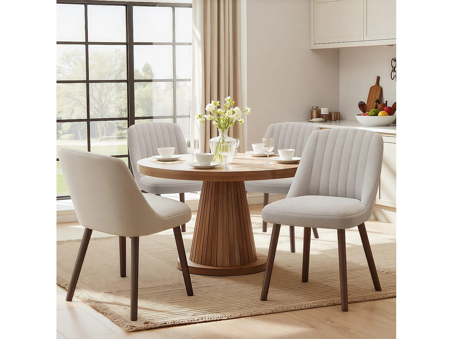 Lot de 2 chaises de salle à manger Camel SMARTUE, dossier coquillage, tissu doux, pieds bois massif