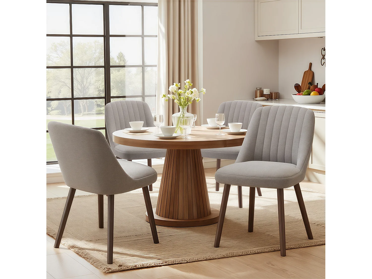 Set van 2 SMARTUE eetkamerstoelen grijsbruin, schelpvormige rugleuning, zachte stof, massief houten poten