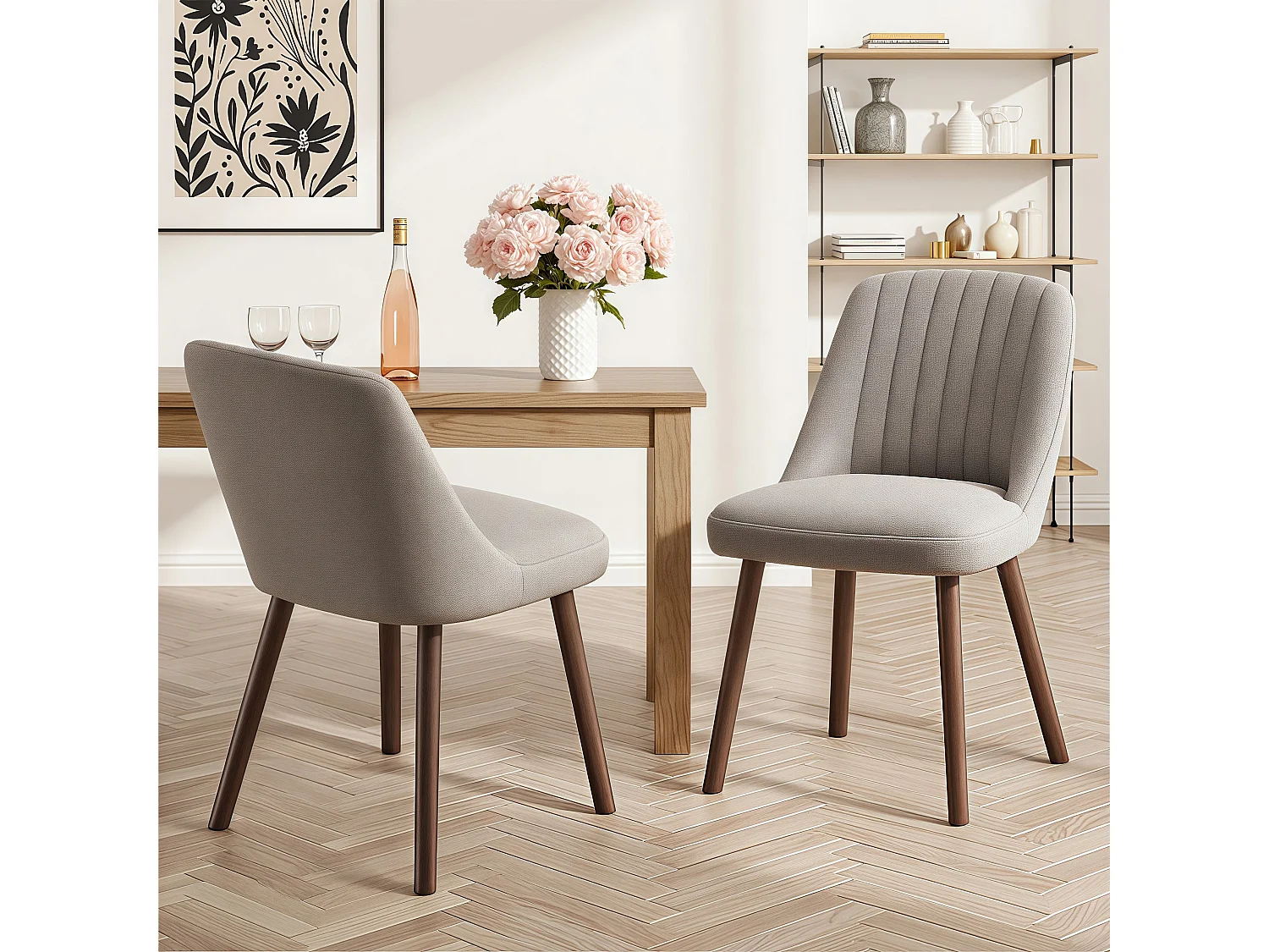 Lot de 2 chaises de salle à manger Gris Brun SMARTUE, dossier coquillage, tissu doux, pieds bois massif
