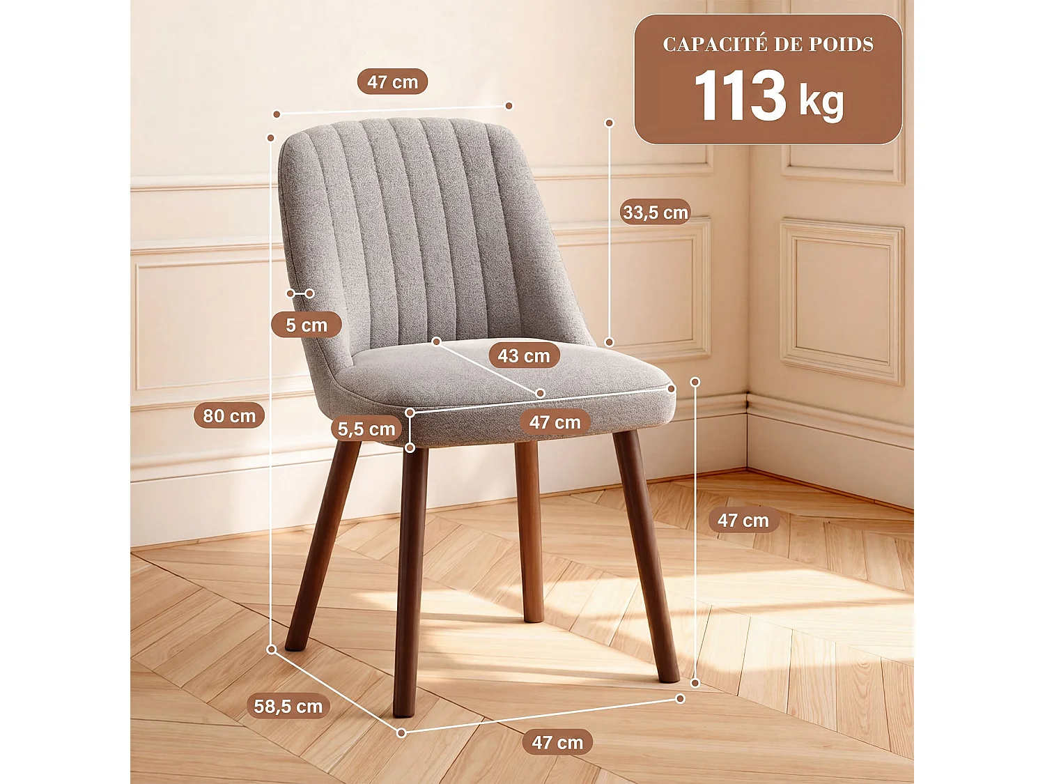 Lot de 2 chaises de salle à manger Gris Brun SMARTUE, dossier coquillage, tissu doux, pieds bois massif