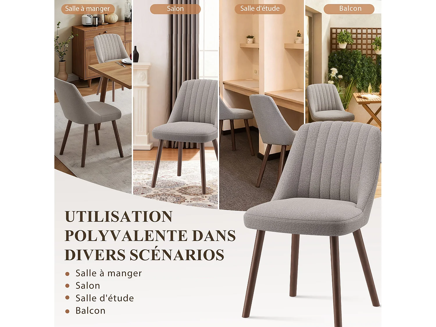 Lot de 2 chaises de salle à manger Gris Brun SMARTUE, dossier coquillage, tissu doux, pieds bois massif