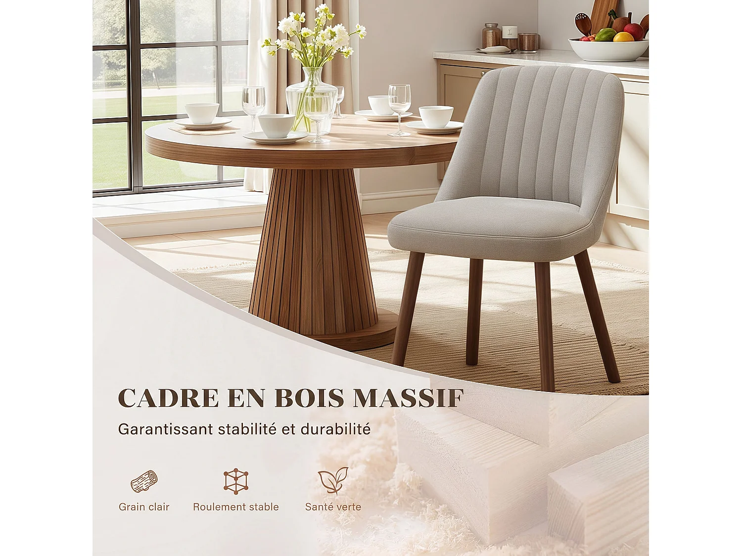 Lot de 2 chaises de salle à manger Gris Brun SMARTUE, dossier coquillage, tissu doux, pieds bois massif