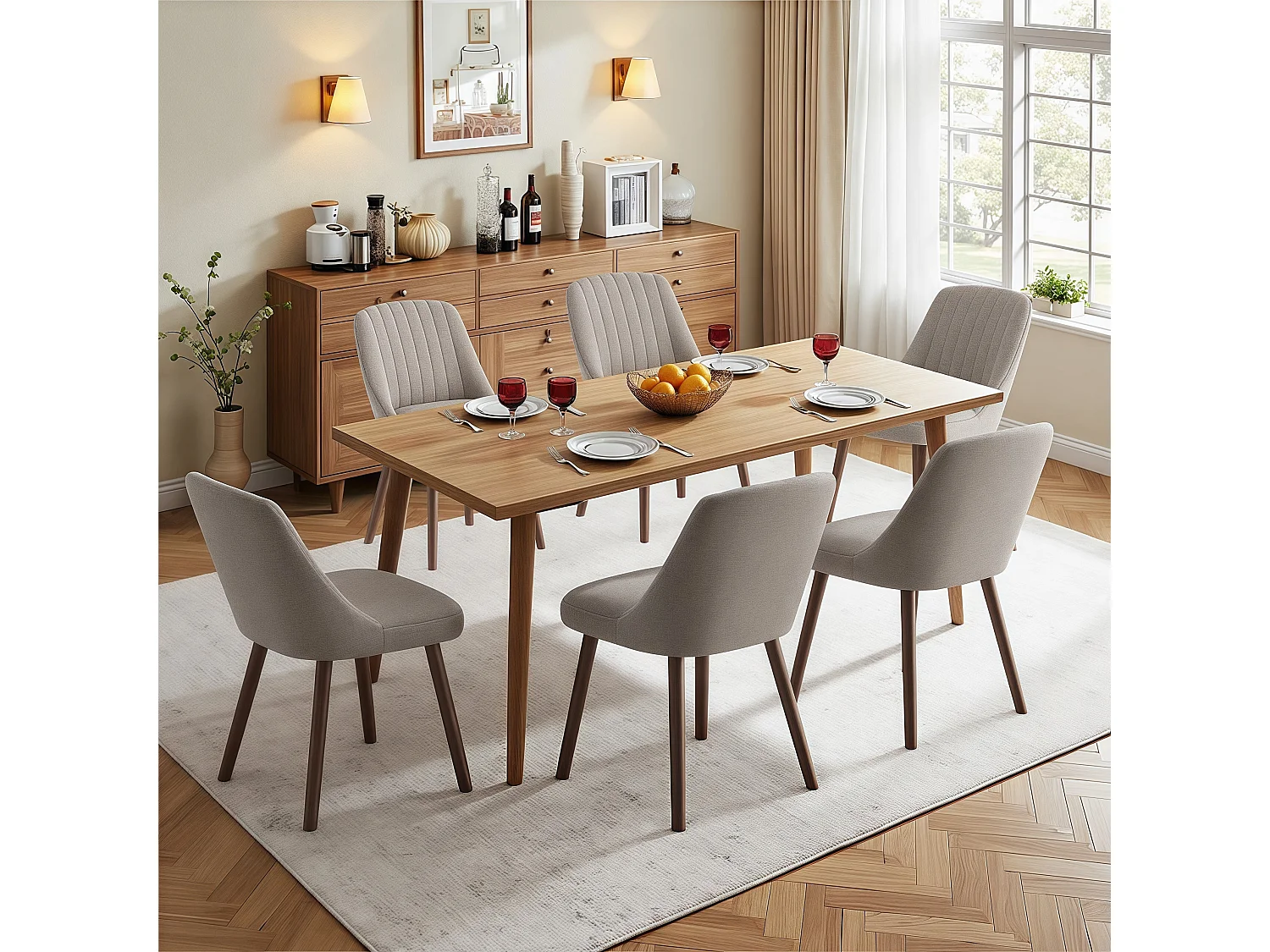 Lot de 2 chaises de salle à manger Gris Brun SMARTUE, dossier coquillage, tissu doux, pieds bois massif