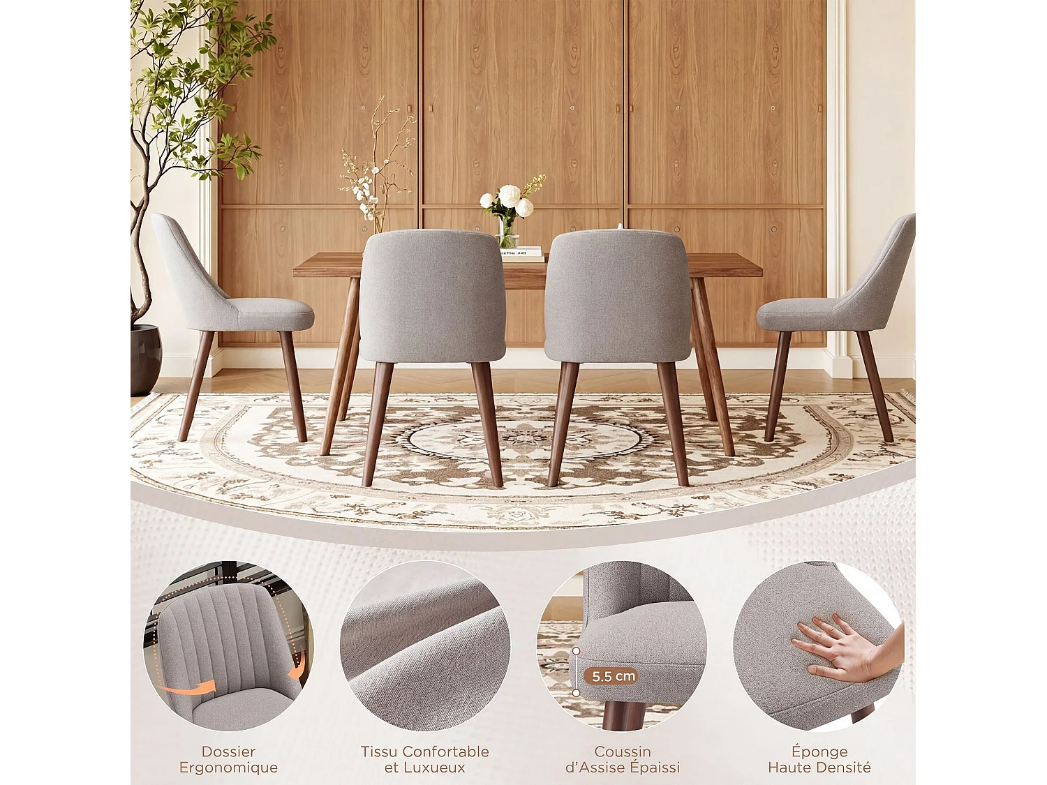 Lot de 2 chaises de salle à manger Gris Brun SMARTUE, dossier coquillage, tissu doux, pieds bois massif