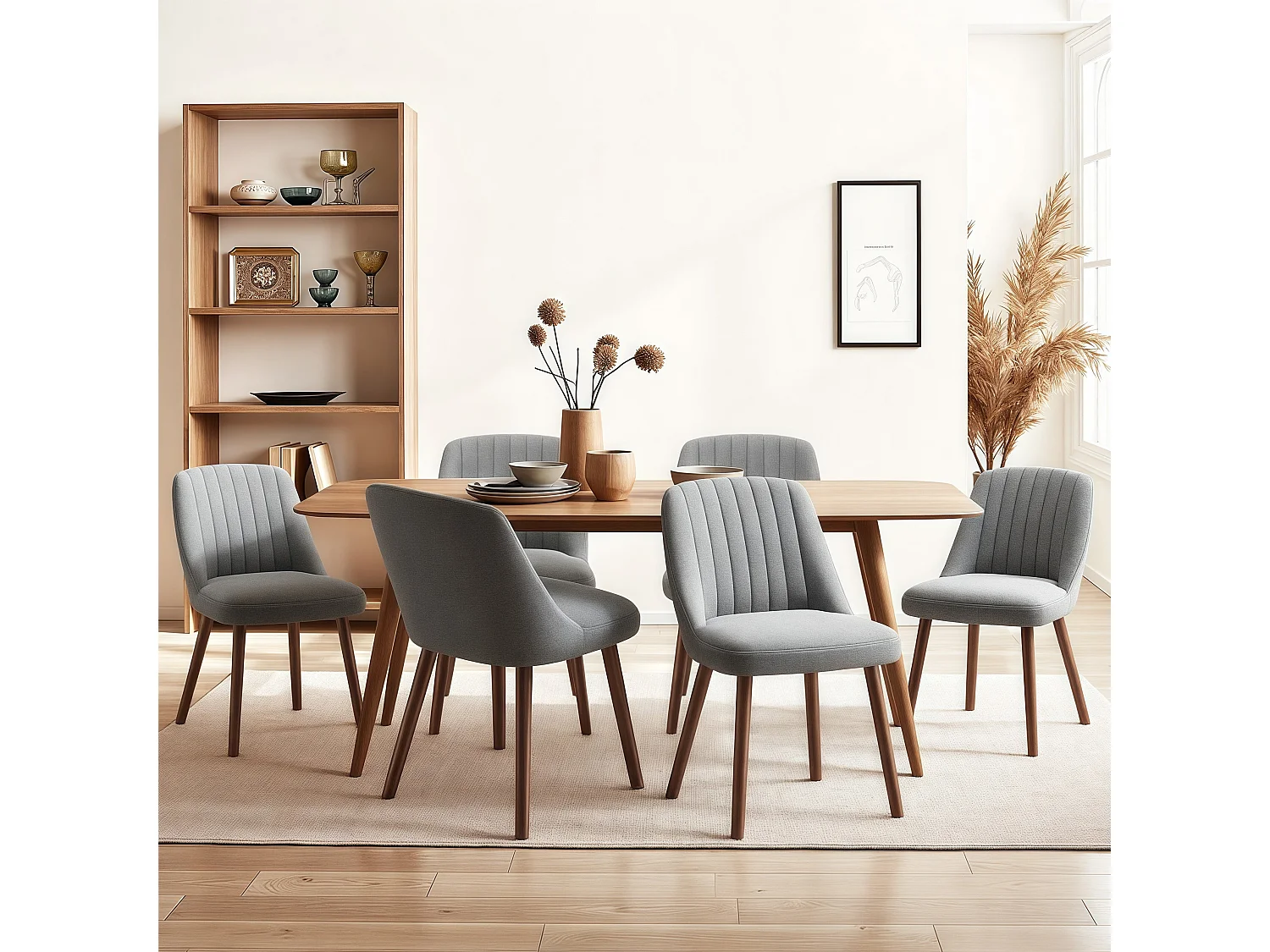 Lot de 2 chaises de salle à manger Gris SMARTUE, dossier coquillage, tissu doux, pieds bois massif