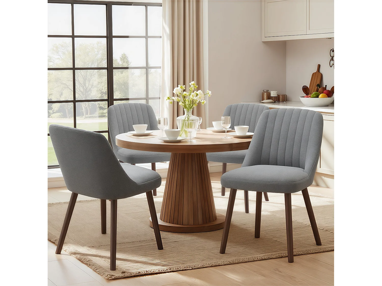 Lot de 2 chaises de salle à manger Gris SMARTUE, dossier coquillage, tissu doux, pieds bois massif