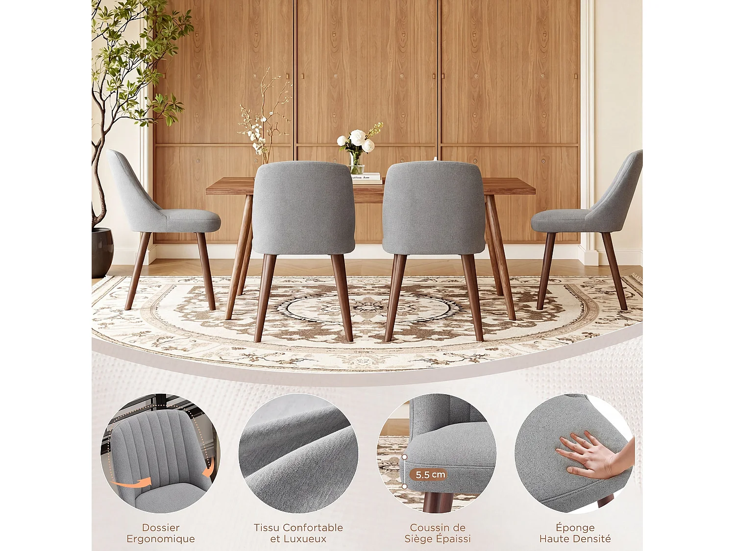 Lot de 2 chaises de salle à manger Gris SMARTUE, dossier coquillage, tissu doux, pieds bois massif