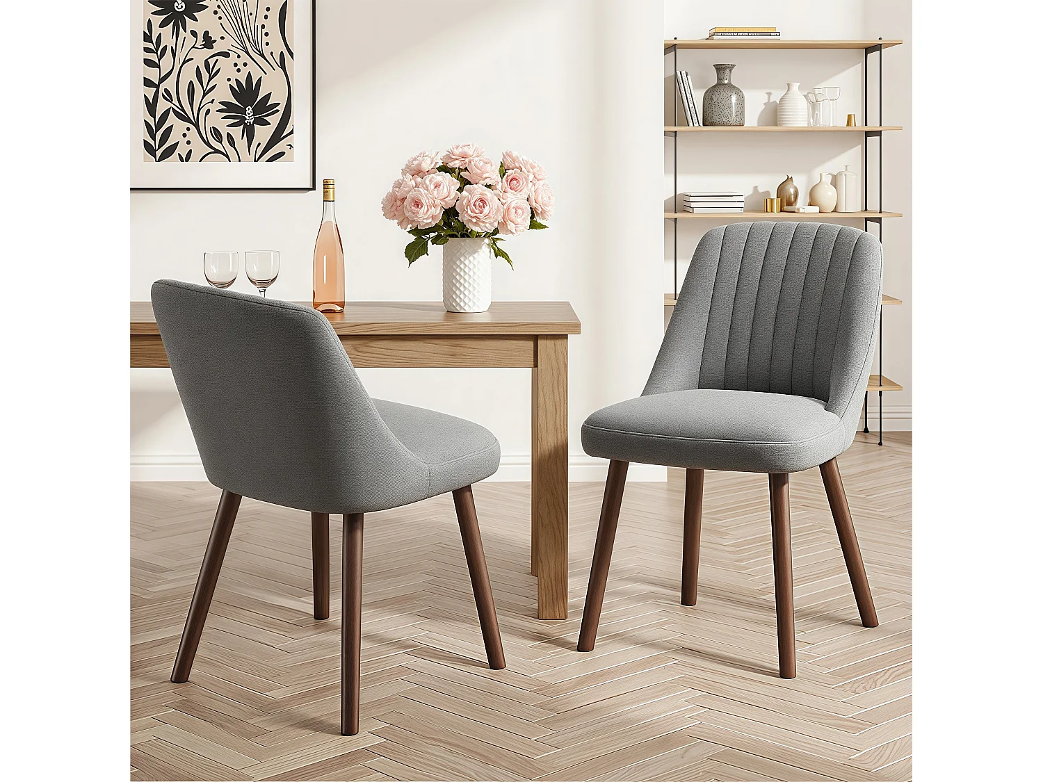 Lot de 2 chaises de salle à manger Gris SMARTUE, dossier coquillage, tissu doux, pieds bois massif