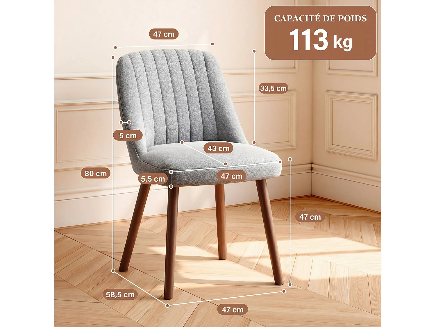 Lot de 2 chaises de salle à manger Gris SMARTUE, dossier coquillage, tissu doux, pieds bois massif