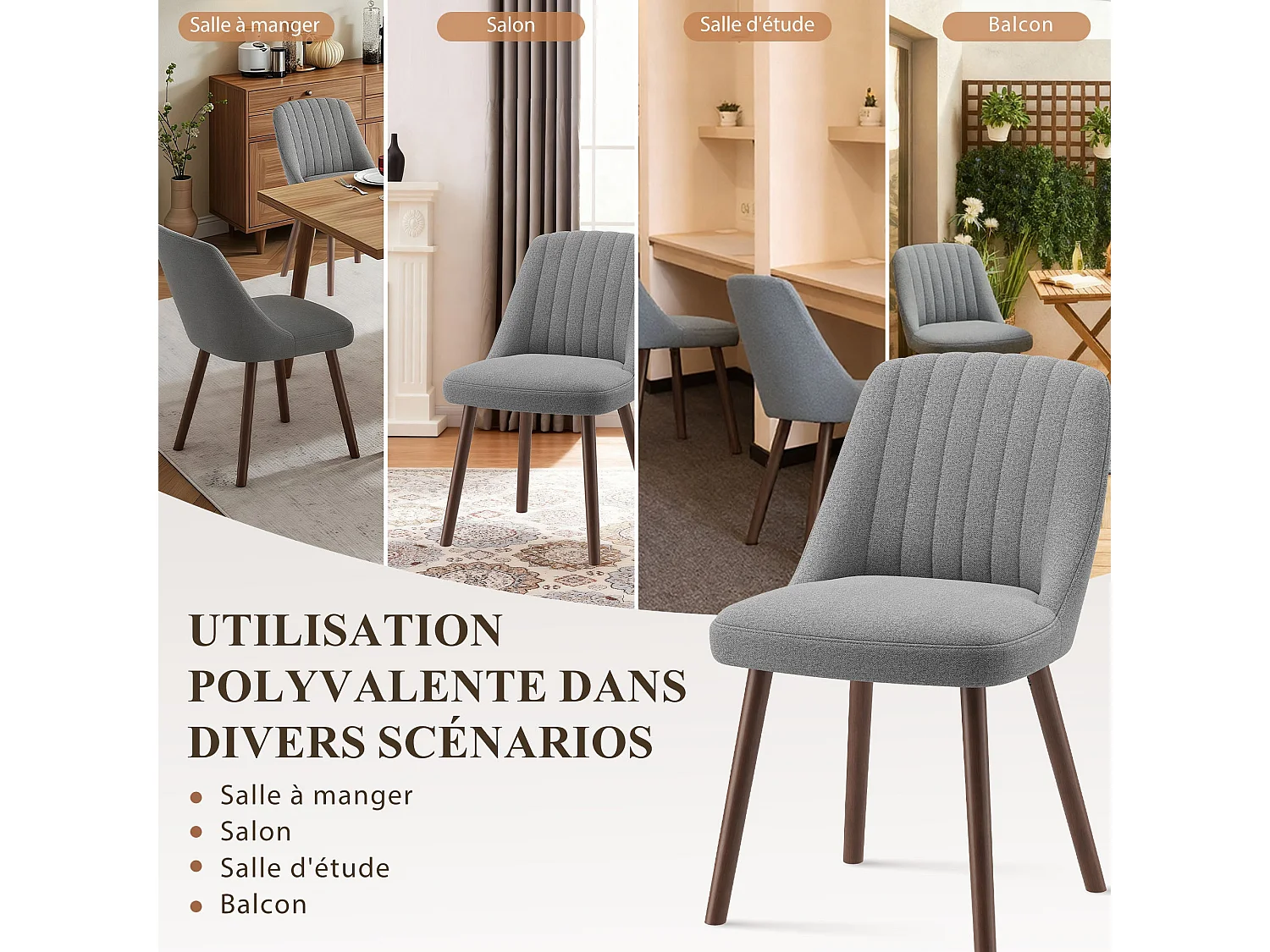 Lot de 2 chaises de salle à manger Gris SMARTUE, dossier coquillage, tissu doux, pieds bois massif