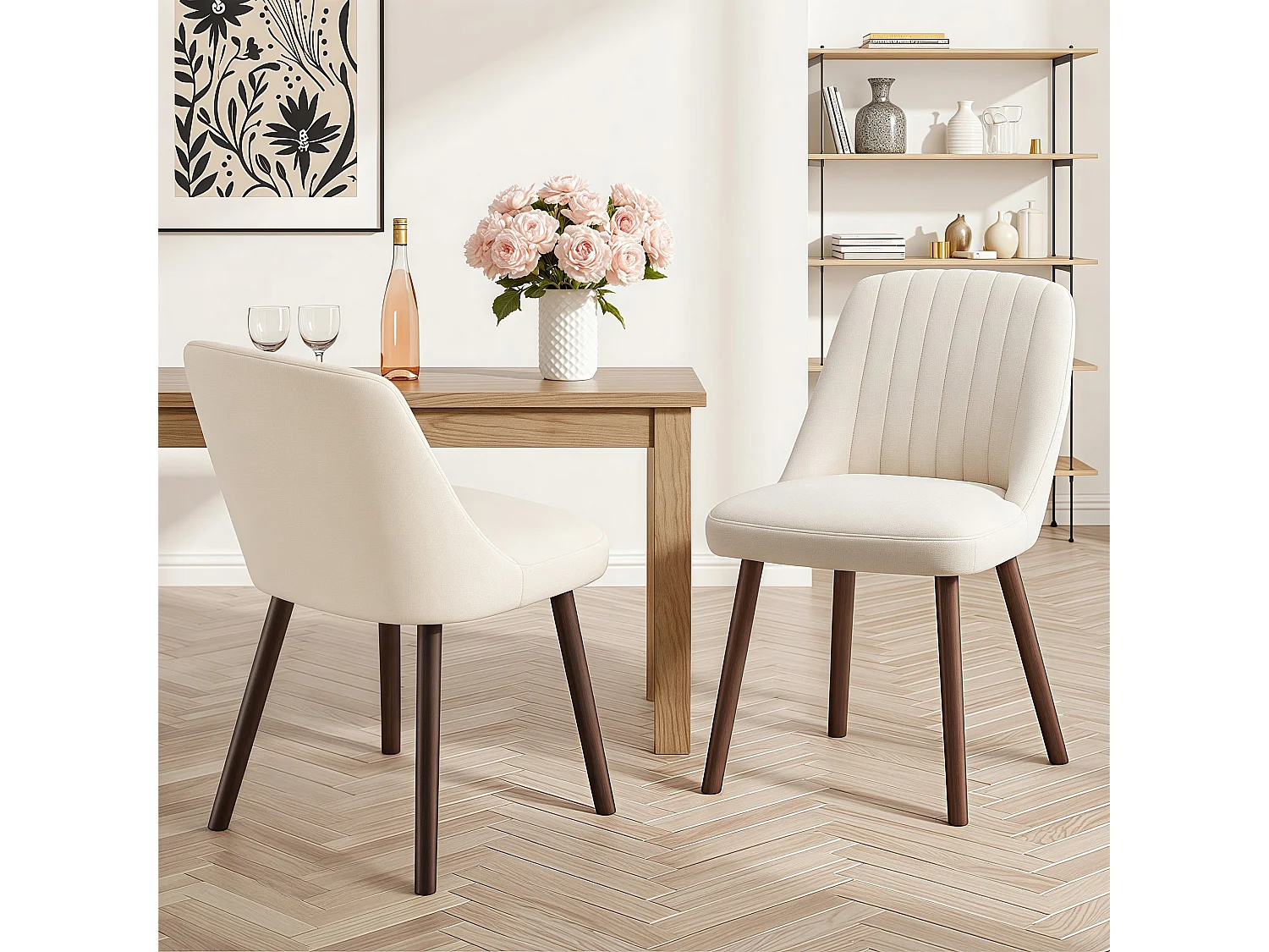 Set van 2 SMARTUE eetkamerstoelen beige, schelpvormige rugleuning, zachte stof, massief houten poten