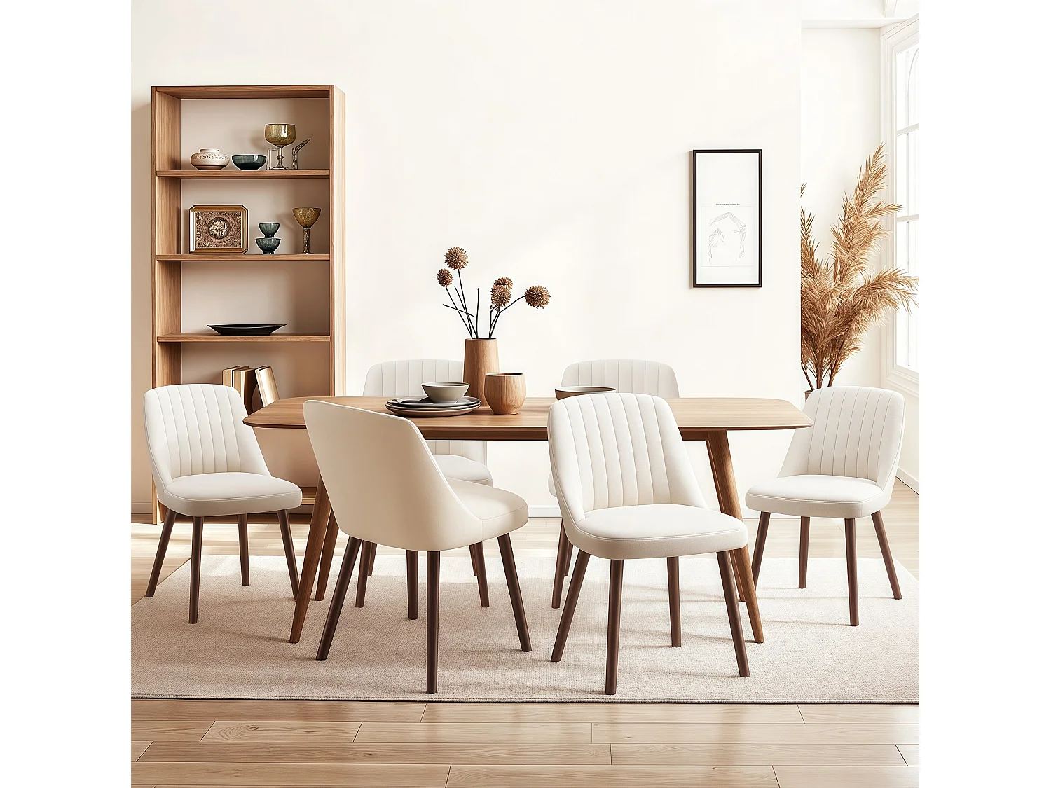 Set van 2 SMARTUE eetkamerstoelen beige, schelpvormige rugleuning, zachte stof, massief houten poten