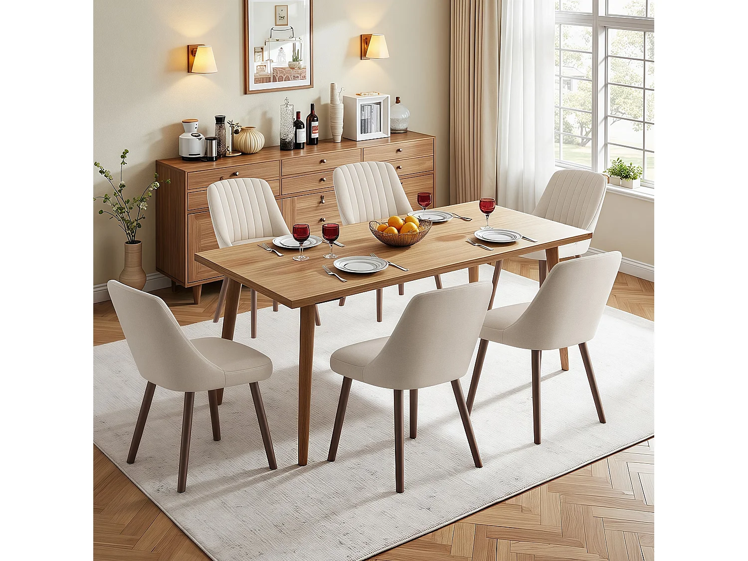 Set van 2 SMARTUE eetkamerstoelen beige, schelpvormige rugleuning, zachte stof, massief houten poten
