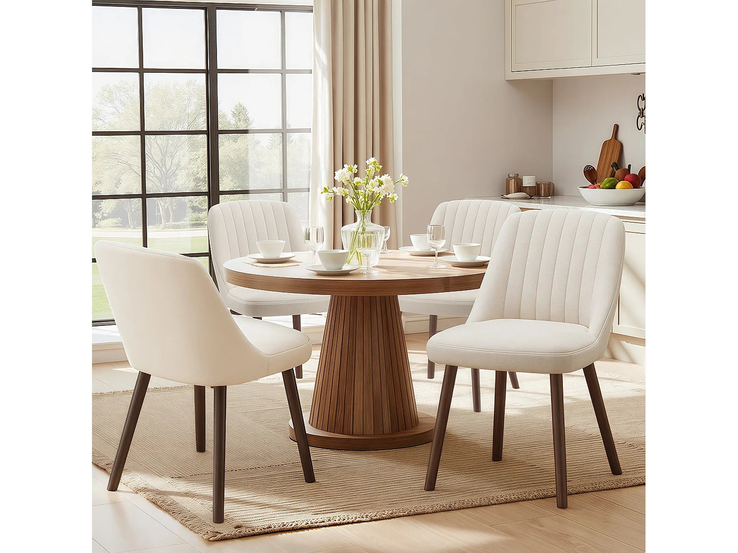 Set van 2 SMARTUE eetkamerstoelen beige, schelpvormige rugleuning, zachte stof, massief houten poten